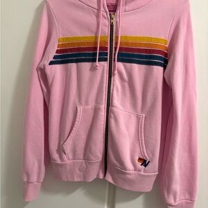 Aviator Nation Light Pink Zip Hoodie with Yellow, Red & Navy Stripes
